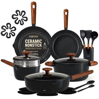 CAROTE 21pcs Cookware Set Nonstick Pots and Pans Set, Ceramic Cookware Set Induction Cookware, Non toxic Healthy Non Stick Kitchen Cooking Set, PFAS PTFE Free, Black