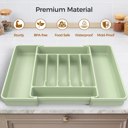 Ukeetap Extra Large Expandable Silverware Organizer - BPA-Free Cutlery Holder | Adjustable Green Design