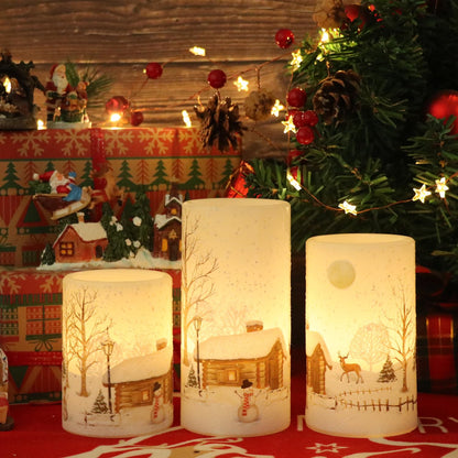 Lasumora Snowman Christmas Flameless Candles with 6H Timer, Real Wax LED Pillar Candles Flickering, Battery Operated Waxy Candles for Home Fireplace Décor Christmas Gifts, 3x4/5/6 inches