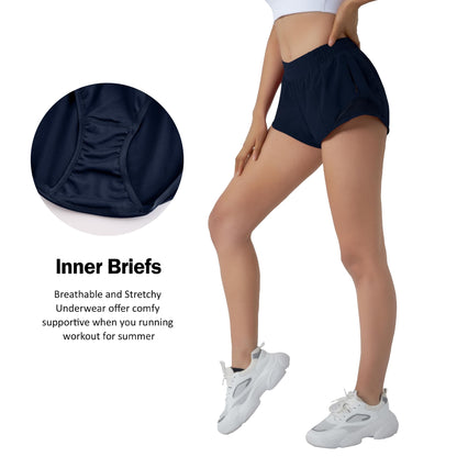 Aurefin Running Shorts for Women,Quick Dry Athletic Sports Shorts Lightweight Active Workout Gym Shorts with Zip Pocket Blue/S