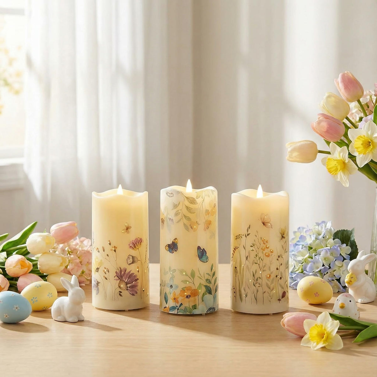 Eywamage Fiber Optic Flameless Pillar Candles with Remote Set of 3, Butterfly Floral Spring LED Candles Battery Operated Gift Φ 3" H 6"
