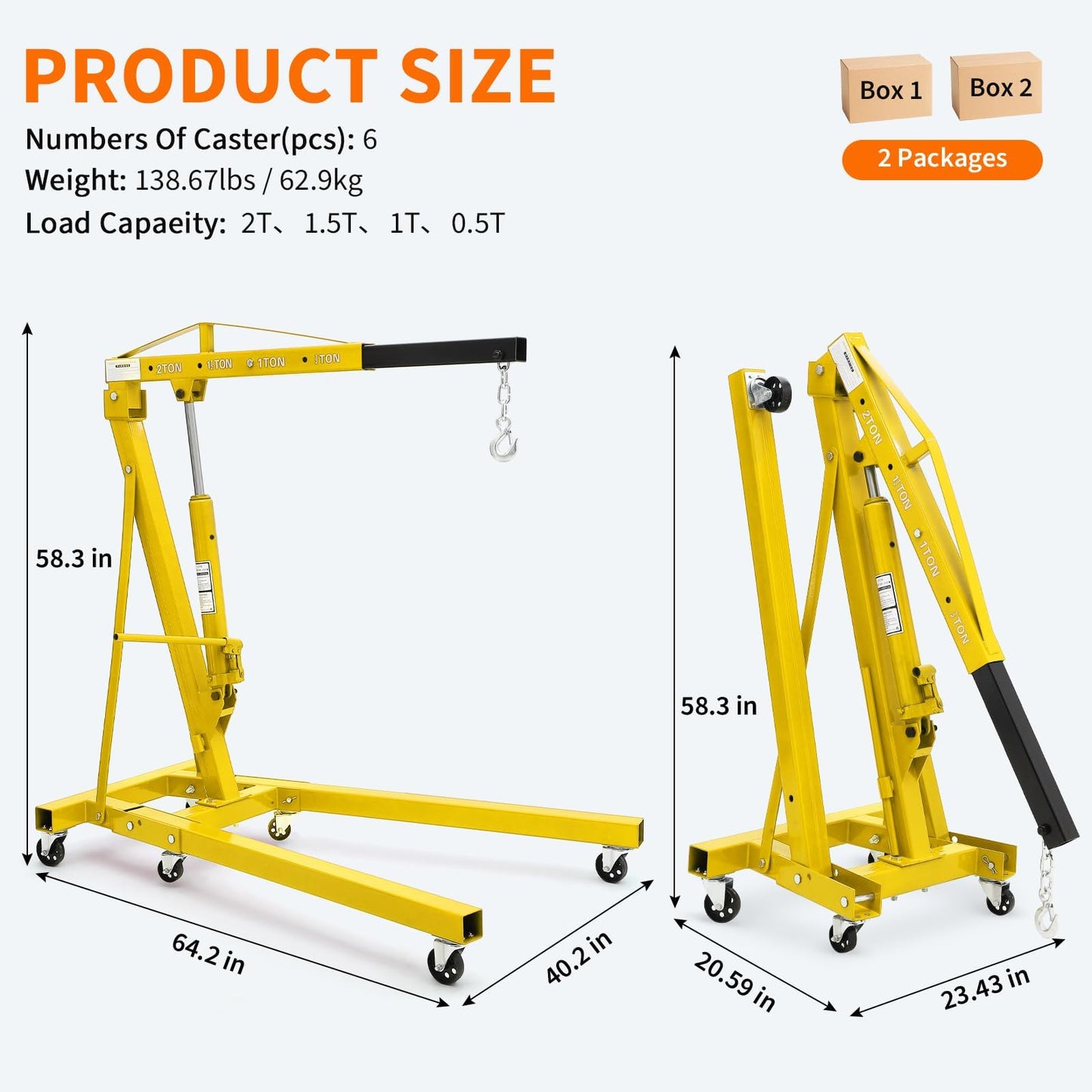 EliteEdge 2-Ton Folding Engine Hoist Cherry Picker 4400 Lb Capacity Hydraulic Shop Crane with Telescoping Boom 6 Caster Wheels for Automotive Repair Garage Use Includes Hitch and Storage Stand Yellow