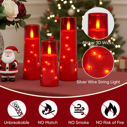 Raycare Independence Day Flameless Candle with Remote Timer – 9 Flickering Acrylic Battery Operated LED Pillar Candles with Embedded Star String for 4th of July Home Patriotic Decor, as a Gift (Red)