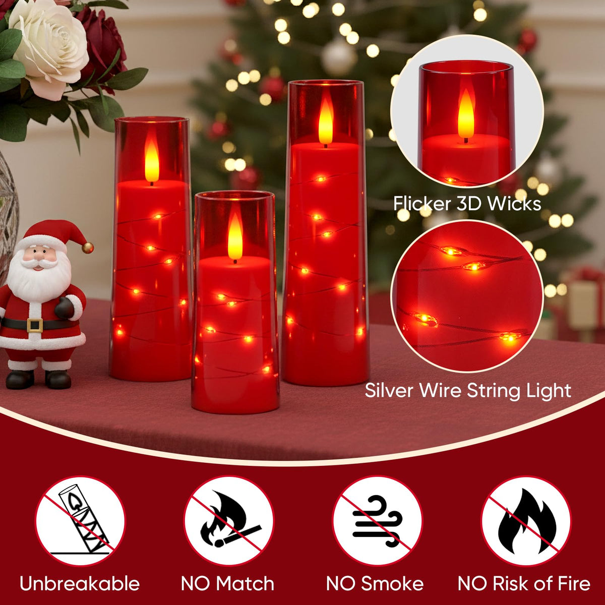 Raycare Flameless Candle with Remote Timer – 5 Flickering Acrylic Battery Operated LED Pillar Candles with Embedded Star String for Halloween, Home Decor, and as a Gift(Red)