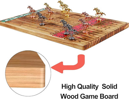Horse Racing Board Game Thickened Solid Wood Finish Line Horse Race Game with 11 Metal Horses with 2 Sets of Dice2 Boxes of Cards and 100 Poker Chips for Parties and Gambling