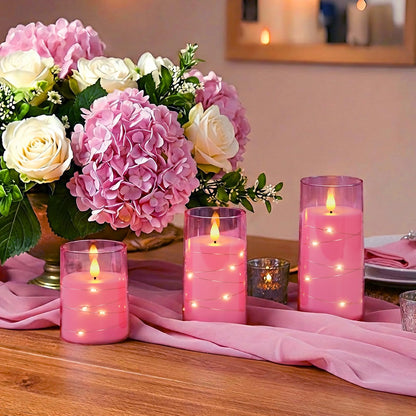 Homemory Flameless Pink Candles with Embedded Star String Fairy Lights, Battery Operated Candles, LED Candle, Fake Candles with Remote Control and Timer, Set of 3(H 4" 5" 6”)