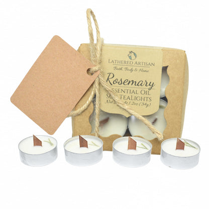 Rosemary Scented Essential Oil Tealight Candle Gift Set of 4, Hand Crafted Soy Wax Candles Wooden Wick Dried Flowers, Natural Aromatherapy Aluminum Cup Tea Lights by Lathered Artisan