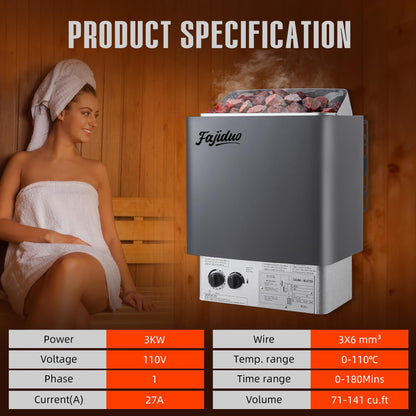 Fajiduo Sauna Heater, 3KW 110V Electric Sauna Stove with Bracket, Adjustable Temp & 3H Timer Dry Sauna Heater for 71-141Cu.ft Saunas Rooms, Home Sauna, Commercial