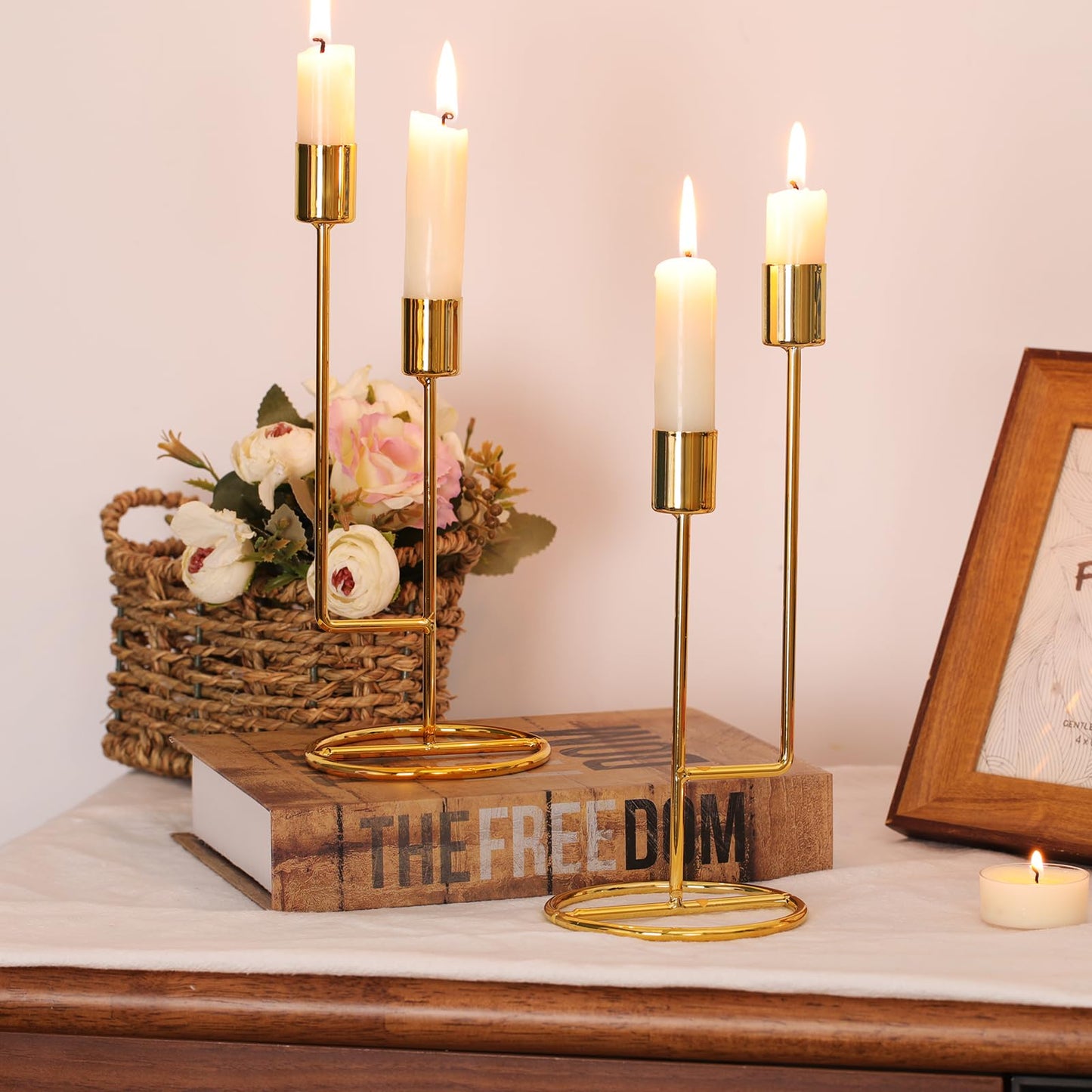 HAVITI Double-Headed Candle Holder, Gold Tall Candlestick Holder, Set of 2 Taper Candle Holders for Halloween Christmas Wedding Centerpiece Dining Fireplace Mantle Home Decor