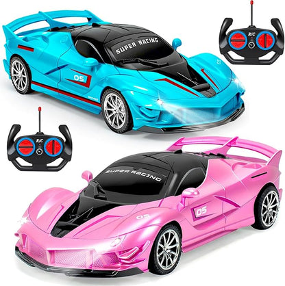 2 Pack Pink Blue Remote Control Car Toys for Kids Boys Girls Rc Cars Toy Vehicle with Headlight &amp Controller Rc Racing Car for Boys Girls Age 3 4 5 6 7 8 Birthday (Blue+Pink)