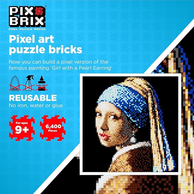 Pix Brix Pixel Art kit Puzzle Bricks - Girl w/Pearl Earring 6 400 Pieces - Patented Colorful Building Bricks to Recreate This Famous Print Create Builds Without Water Iron or Glue