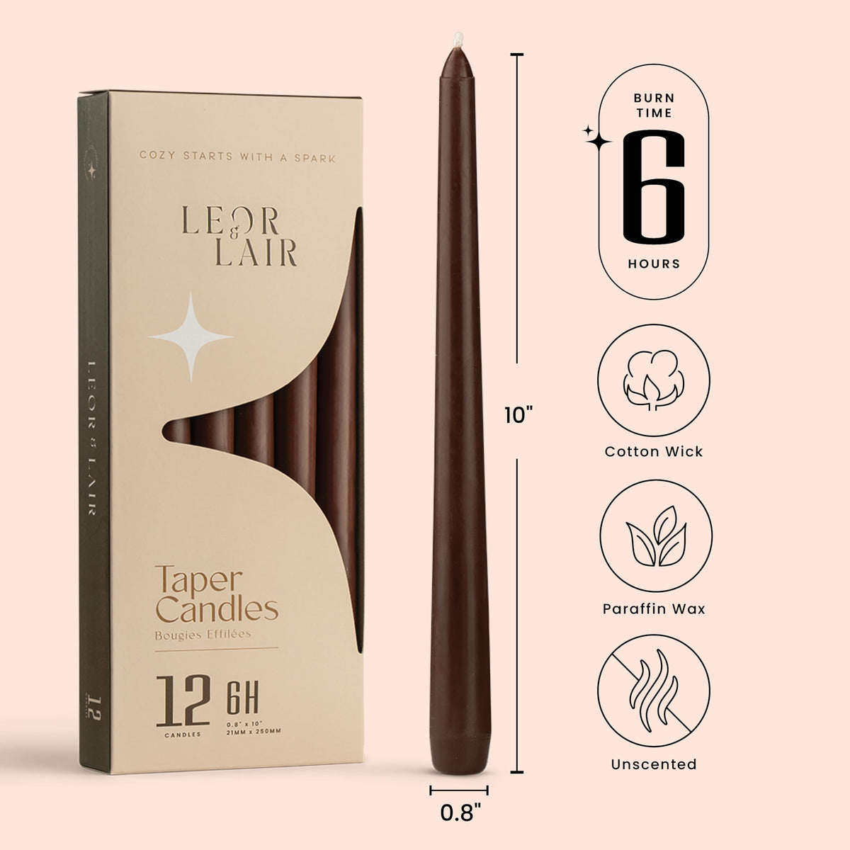 Leor & Lair Brown Taper Candles - 12 Pack 10" Brown Candlesticks - Unscented Long Burning Candle Sticks for Farmhouse Decor, Dinner Table, Holidays, Fall Weddings & Events