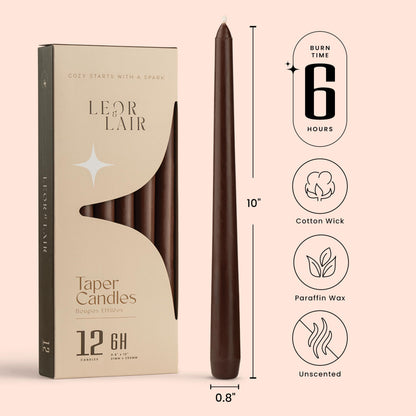 Leor & Lair Brown Taper Candles - 12 Pack 10" Brown Candlesticks - Unscented Long Burning Candle Sticks for Farmhouse Decor, Dinner Table, Holidays, Fall Weddings & Events