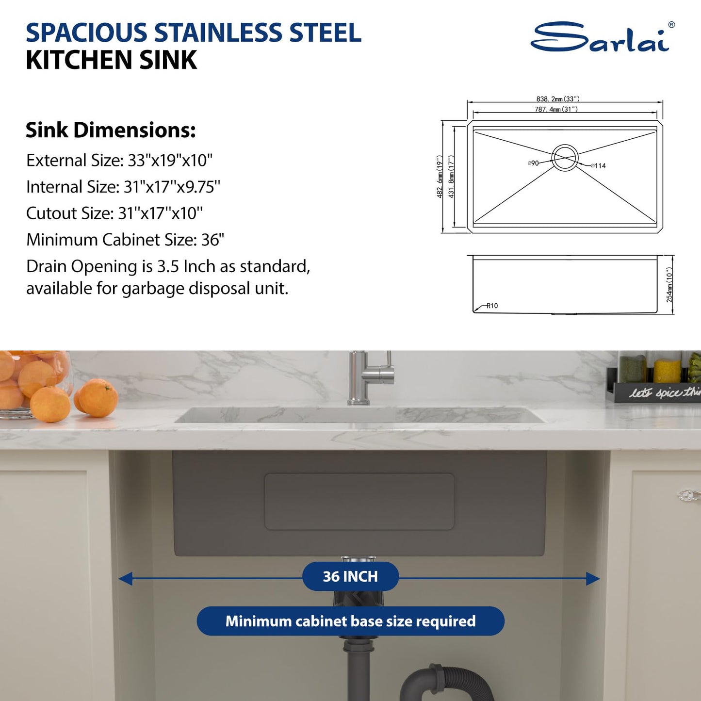 Sarlai 33 Kitchen Sink Undermount - 33 x 19 Inch Undermount Sink Ledge Workstation Deep Single Bowl 16 Gauge Stainless Steel Under Counter Kitchen Sinks Basin