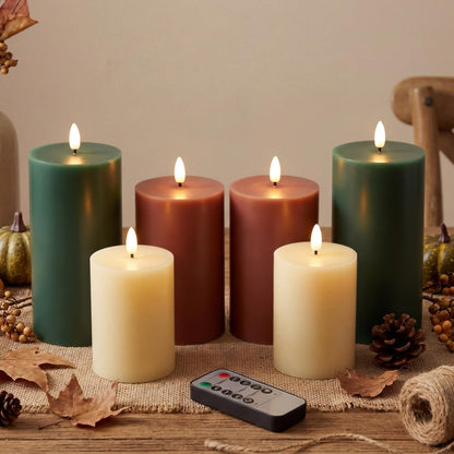 Grinsvalley 6 Pcs Flameless Candles Battery Operated LED Flickering Flameless Pillar Candles with Remote Real Wax Khaki Brown Green Table Decorations for Spring Wedding Home Decor