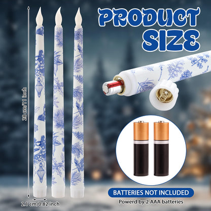 Kittmip 6 Pcs Christmas Blue White Flameless Taper Candles 11 Inch Chinoiserie Battery Operated LED Candlestick Holly Mistletoe Floral Table Centerpiece for Xmas Winter Holiday Party Decoration