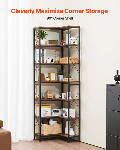 VEVOR 7 Tier Corner Bookshelf, Tall Corner Bookcase Strage, Large L-Shaped Bookshelf Organizer with Metal Frame & Wooden Shelves, Reversible Display Book Shelf Rack for Bedroom, Living Room, Office
