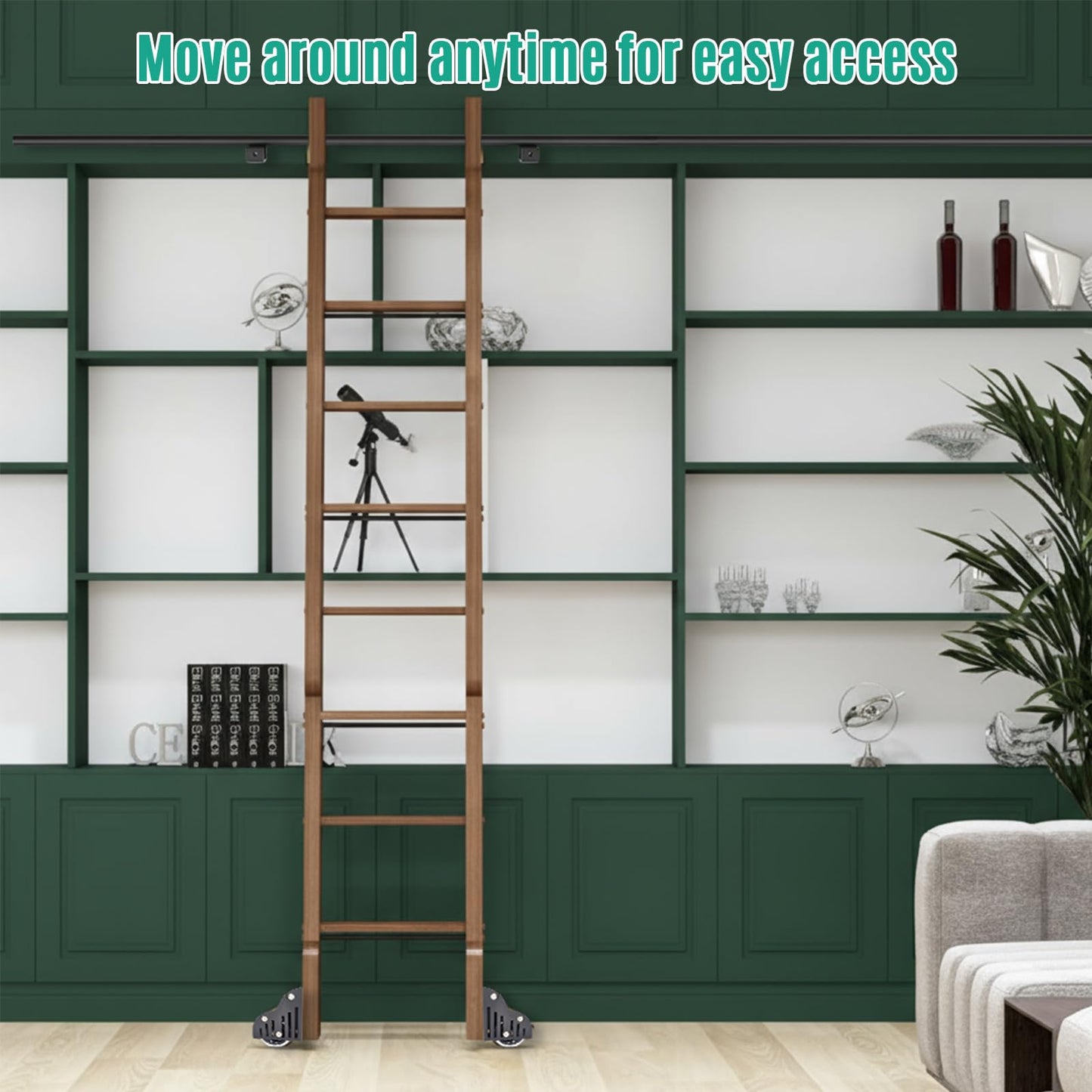 Zonon 10 ft Rolling Library Ladder Hardware Kit Includes Telescope Hook for Sliding Library Ladder 300lb Bottom Wheel with Brake Load Capacity for Stair Bookshelf Fit Thickness 1-1/8" Stepladder