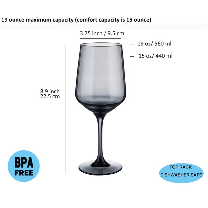 KOXIN-KARLU Unbreakable Classic 18 ounce All-Purpose Plastic Stem Wine Glasses Acrylic Glasses, set of 6 Grey