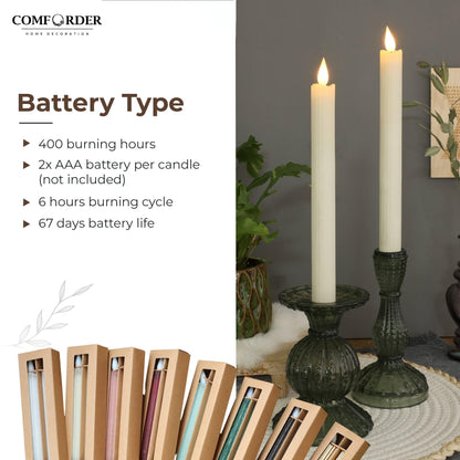 comforder Flameless Taper Candles – Flickering LED Flame with 6H Timer – Real Wax, Ribbed Design – Battery Operated Set of 2 – 10" Tall (Cream)