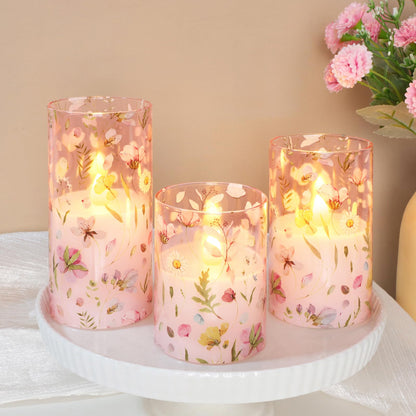 Crystal Club Flameless LED Candles with Remote Timer, Pink Floral Glass Battery Operated Candles, 3 Pack Realistic Flickering Pillar Candles for Wedding Home Centerpiece Decoration
