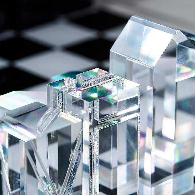 Bey-Berk Dom Acrylic Chess Set 28-Piece Black and Clear Lucite Pieces with 14 x 14 Board Architectural Modern Showpiece