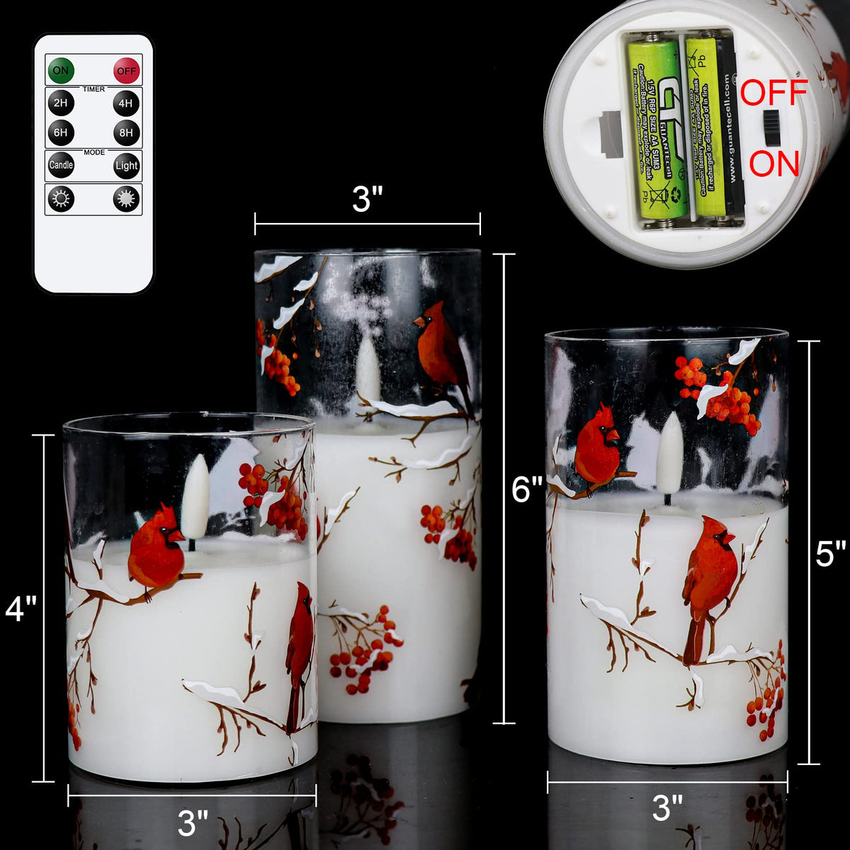 KunSwenn Cardinal Flameless Candles with Remote, Red Bird Glass Battery Operated Candles, Real Wax LED Candles with Flickering Flame, Cardinal Decor Gifts for Women Wedding Home(Pack of 3, 3”x4”5”6”)