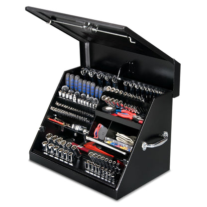 Montezuma – SE250B – 26-Inch Portable TRIANGLE Toolbox – Multi-Tier Design – Heavy-Duty Steel Construction – SAE and Metric Storage Chest – Weather-Resistant Toolbox – Lock and Latching System, Black