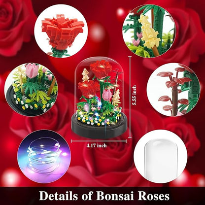 2 Flowers Bouquet Sunflowers - Rose Building Kit Creative Bonsai Tree Succulents Plant Blocks with LED Light Botanical Collection Home Office Decor Ideal Gift for Lover Adult