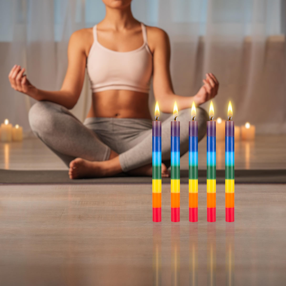 Mega Candles 5 pcs Unscented Multi Color Straight Taper Chakra Candles, Hand Poured Premium Wax Candle 10 Inch x 1 Inch, 100% Cotton Wick, Positive Healing Energy, Meditation, Relaxation, Reiki, Yoga