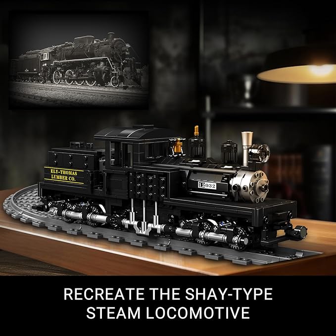 Mould King Shay-Type Steam Locomotive Building Set with LED Lighting Remote/App Control Model Train Block Kit with Tracks Engineering Toy Kit for Adults (880 PCS)