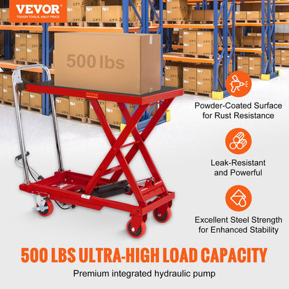VEVOR TF23 Hydraulic Lift Table Cart, 500lbs Capacity 28.5" with 4 Wheels and Non-Slip Pad, for Material Handling and Transportation, Red