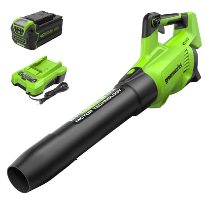 Greenworks 40V (130 MPH / 550 CFM ) Brushless Axial Leaf Blower, Ultra-Powerful for Wet Leaves, Heavy Debris, Gravel and Driveway Snow, Includes 4.0Ah Battery and Charger