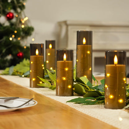 Homemory Flameless Candles with Star String Fairy Lights, Battery Operated Candles, LED Candle, Fake Candles with Remote Control and Timer, Modern Home Decor, Grey, Set of 5