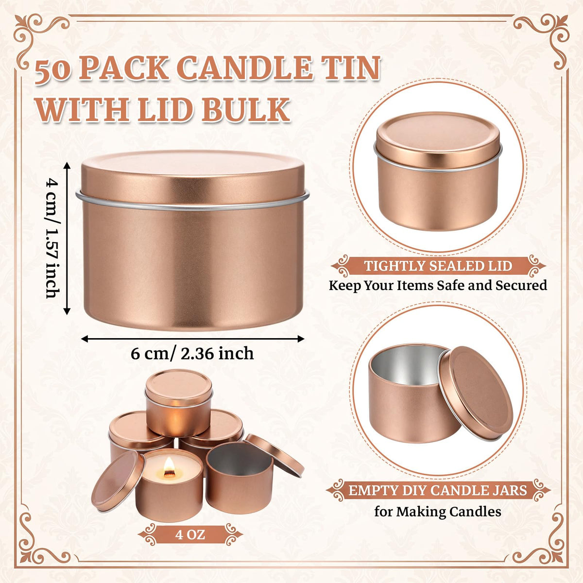 Suclain 50 Pack 4oz Rose Gold Candle Jars Bulk, Mini Empty Candle Tins with Lid for Making Candles, Candy Tins for Wedding, Candles Containers for Wedding Party DIY Crafts, Sample Storage