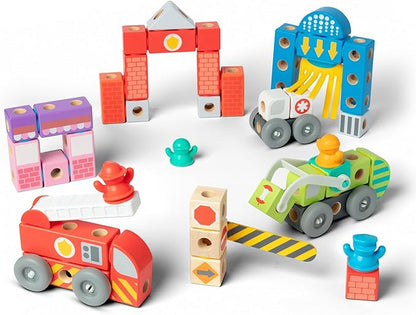 Melissa &amp Doug Blockables™ Deluxe City Snap and Play Mix and Match Connectable Wooden Building Blocks Set with Storage Bin and Play Lid (122 Pcs) Ages 2 to 7- FSC Certified