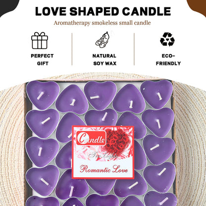 Heart Shaped Tealight Candles 50 Packs,25 * 2 Layers Romantic Love Unscented mokeless for Dinner Home Wedding (Purple)