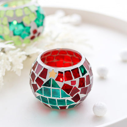 4 PCS Mosaic Glass Tealight Votive Candle Holders - Red & Green Christmas Table Centerpiece Decorations for Indoor/Outdoor Holiday Decor
