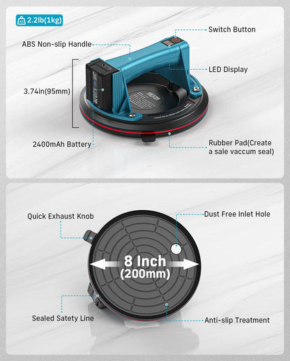 SEESII Electric Suction Cups for Glass, 600 LBS Max Load, 8" Heavy Duty Tile Suction Cups Lifter with 4X 2400mAh Batteries, Auto Start Pump, Display, for Lifting Large Glass, Tile, Granite, Metal