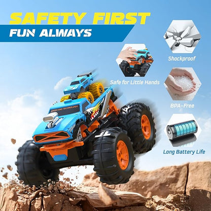 2-in-1 Remote Control Car with Transform Launcher Track – 1:16 RC Monster Truck Toys 2.4GHz Self-Standing 360° Flips Towing Mini Cars &amp Electric Scoring Gate Truck Gift for Kids Boys Girls Age 4-