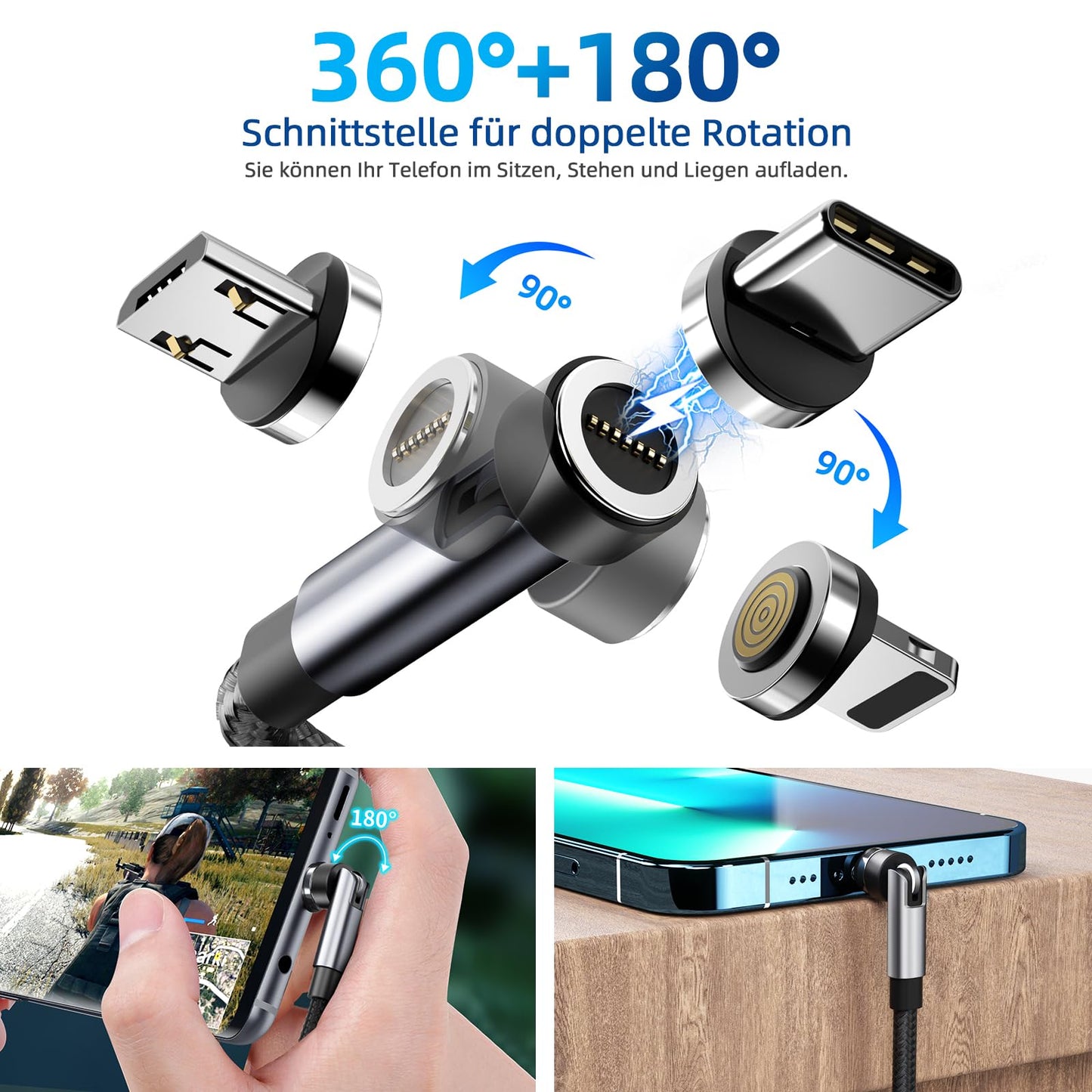 540° Rotation Magnetic Charging Cable, 3 in 1 Magnetic Phone Charger [4-Pack, 3ft/3ft/6ft/10ft] 3A Fast Charging Cable Support Data Transfer USB Magnet Charger Cable for i-P/Micro USB/Type C Device