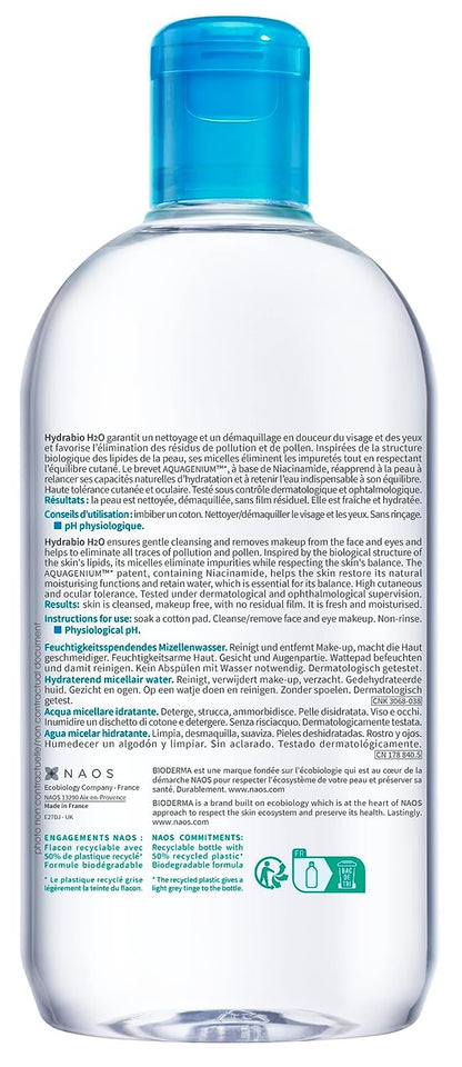 Bioderma Hydrabio H2O Micellar water for dehydrated skin, makeup remover, 500 ml