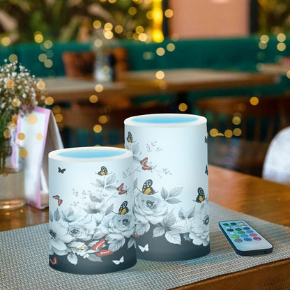 ALAZA Oriental Butterfly Cherry Blossom Flowers Flickering Flameless Candles Battery Operated with Remote Timer,Tea Light Candles LED Pillar Votive Candles Set of 2 for Outdoor Indoor Decorations