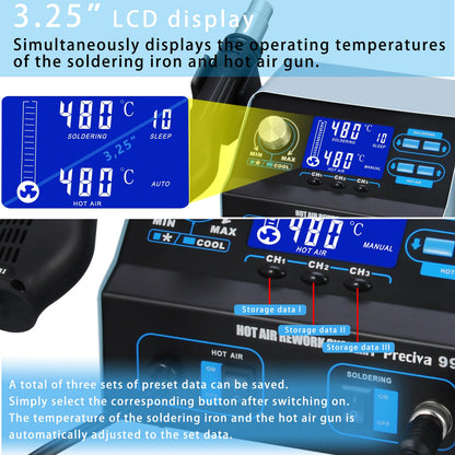Preciva 992D+ 2-in-1 Soldering & Hot Air Rework Station with LCD, Memory Presets, Sleep, Calibration | Includes Soldering Iron, Hot Air Gun, 5 Tips, 4 Nozzles, IC Tools, Solder Wire | °C/ºF (992D+)