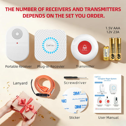 CallToU Wireless Caregiver Pager Waterproof Call Button Vibration Call Bell for Elderly at Home Disabled Patient Elderly Monitoring Nurse Calling 2 SOS Panic Buttons/Transmitters 500FT 2 Receivers