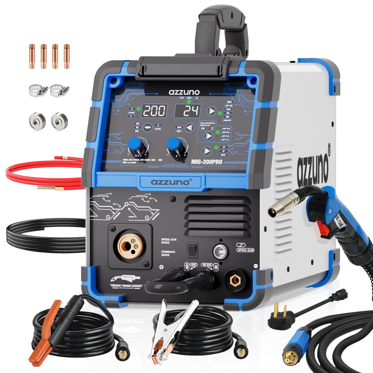 AZZUNO 8 in 1 200A MIG Welder & .035" 2LBS 2-Pack Flux Core Mig Welding Wire, 110V/220V Welder Machine Flux Core MIG/Gas MIG/MAG/Aluminum MIG/Spot MIG/Lift TIG/Stick Welding/Spool Gun Compatible, Mul