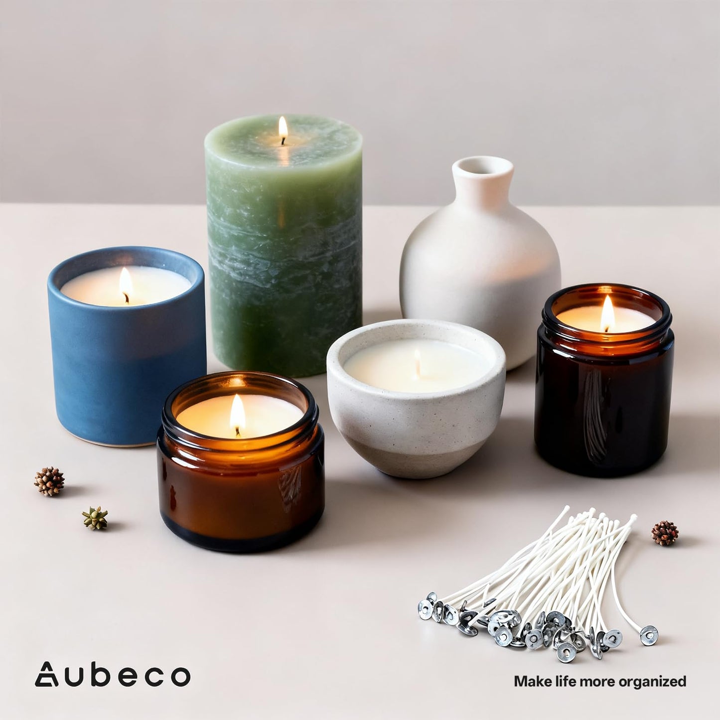Aubeco 300Pcs Candle Wick, Low Smoke 8 Inch Pre-Waxed Cotton Wick with Tabs, Natural Cotton Core for Candle Making, Soy Candle DIY
