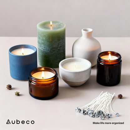 Aubeco 300Pcs Candle Wick, Low Smoke 8 Inch Pre-Waxed Cotton Wick with Tabs, Natural Cotton Core for Candle Making, Soy Candle DIY