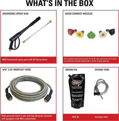 SIMPSON Cleaning PS3228 PowerShot 3300 PSI Gas Pressure Washer, 2.5 GPM, Honda GX200 Engine, Includes Spray Gun and Extension Wand, 5 QC Nozzle Tips, 5/16-inch x 25-foot MorFlex Hose, 49-State