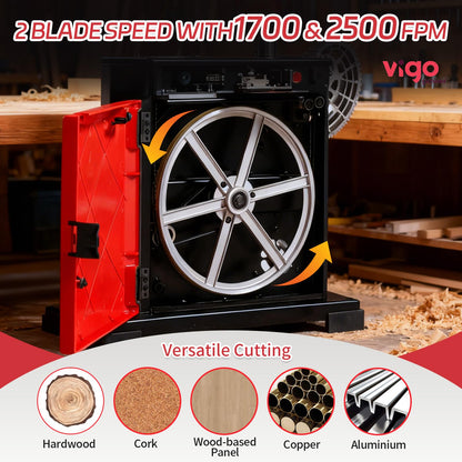 VIGO POWER 9-Inch Benchtop Band Saw for Woodworking, Portable Bandsaw, 2.8A Induction Motor, Dual-Speed 1700/2500 FPM, 12x12" Aluminum Tilting Table 0-45°, Miter Gauge & Dust Port, DIY